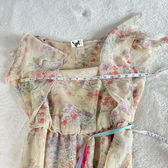 Jeri Modes Vintage 70s Sheer Chiffon Floral Midi Dress Womens M‎ Pink Tie Waist - Picture 5 of 12